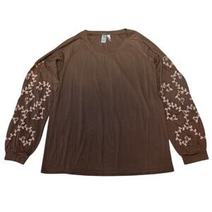 NEW Aventura Organic Cotton Brown Top Sleeves 3D Embroidered Floral Design Sz XS